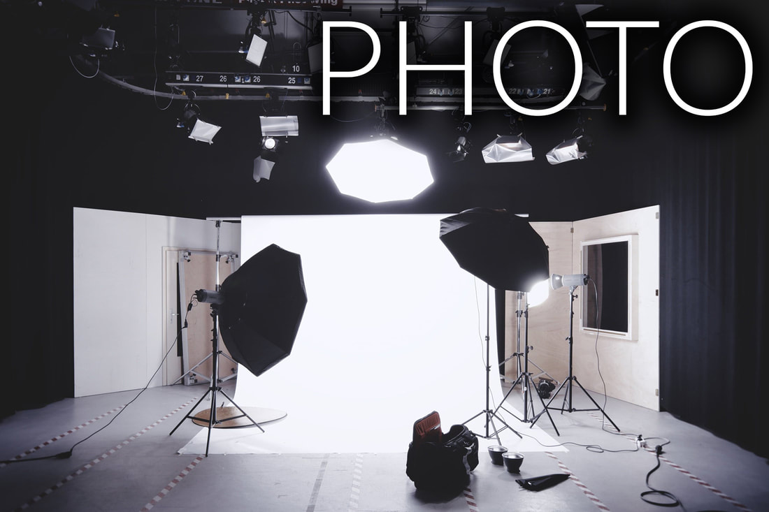 Photo studio with lights and camera equipment lying around